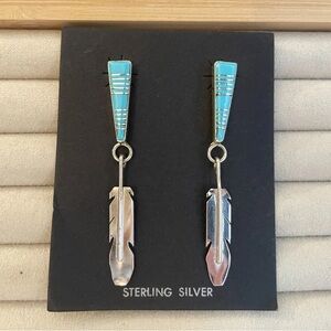 Zuni Native American Made Turquoise Sterling Silver Inlay Feather Earrings